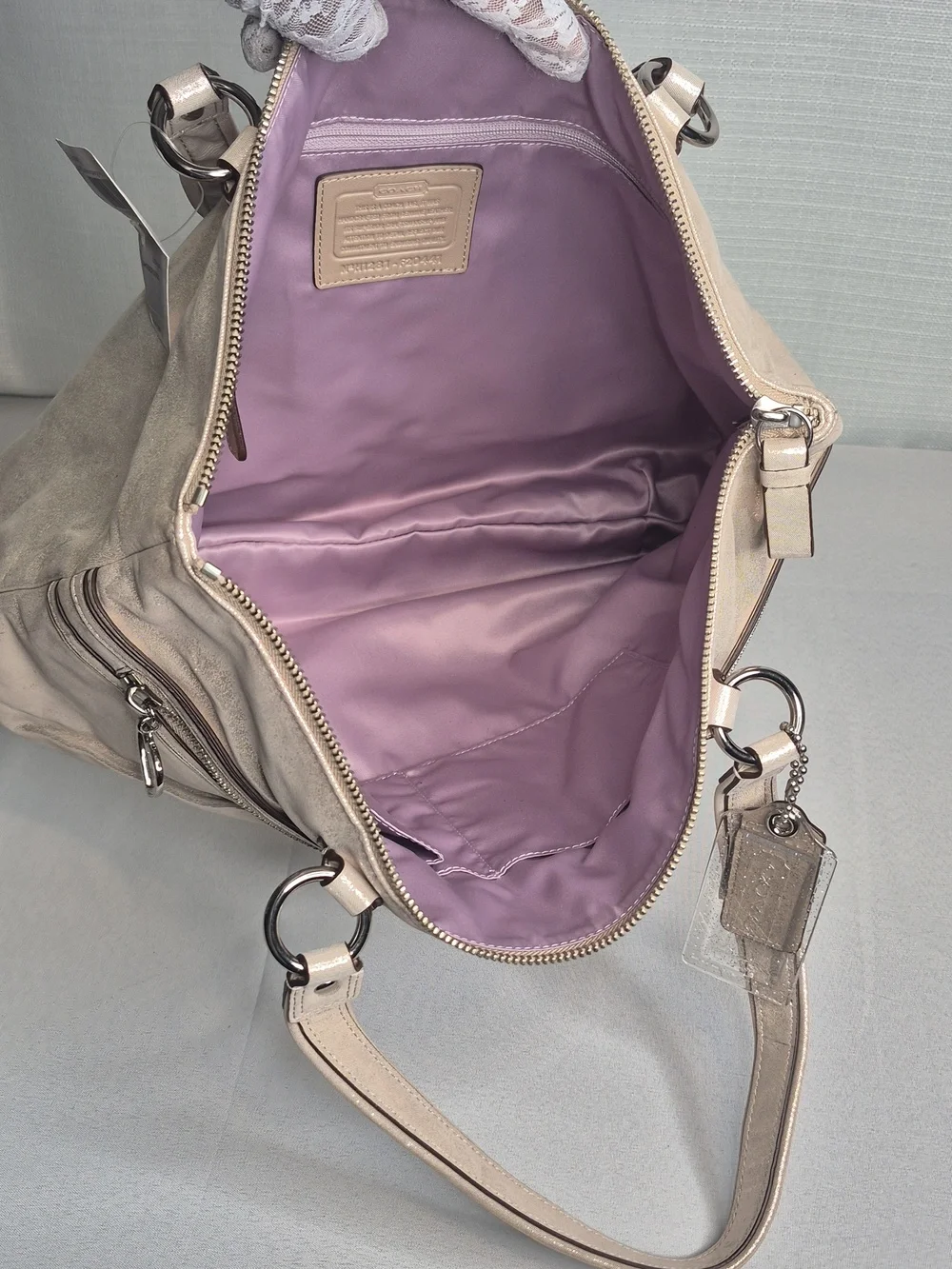 Coach Poppy Shimmery Champagne Tote Bag with Heart Charm (NWT)